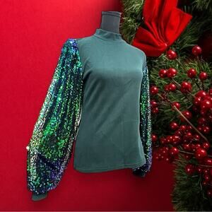 ANNA-KACI Green mock turtleneck long sheer puff sleeve purple sequins NWT SZ M